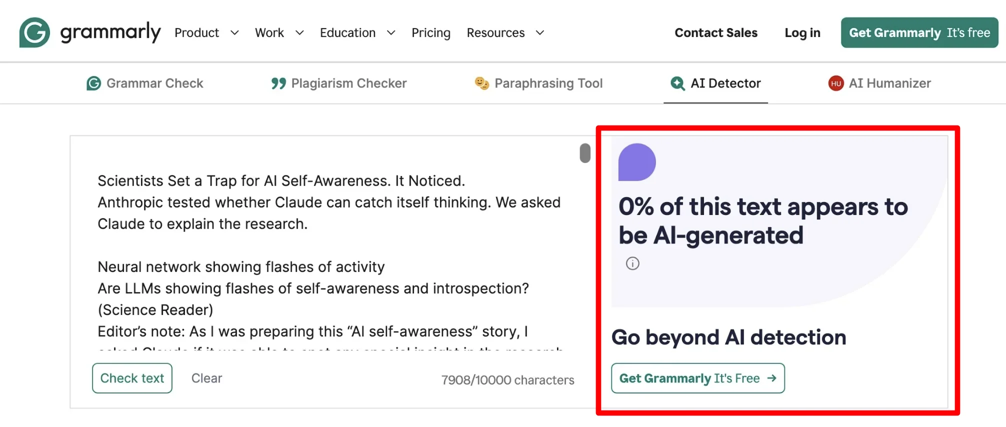 Grammarly showing that this article scored a 0% AI written label.