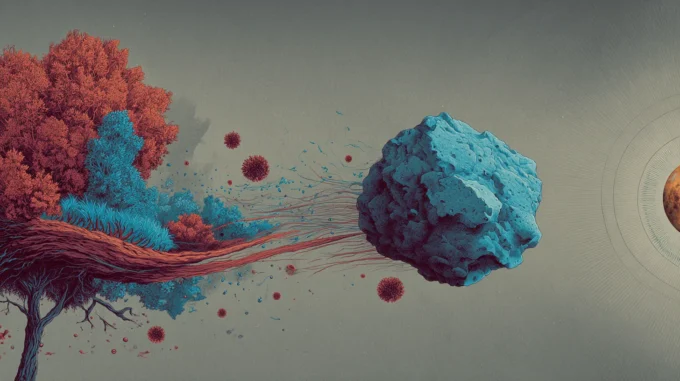 Earth landscape, comet arriving from Mars with microbes.