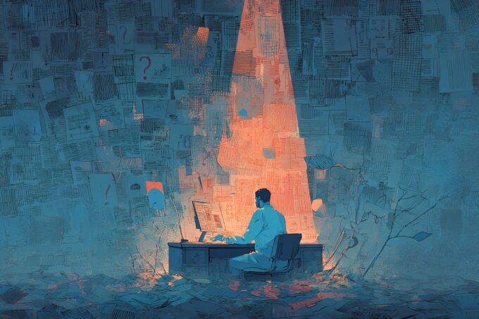 A scientist at his desk researching papers.