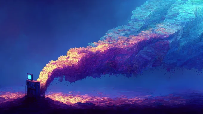 Image generator spouting an endless amount of images flying away in the distance.