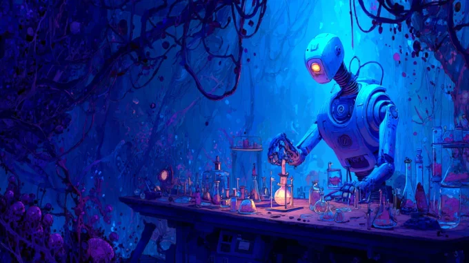 An illustration showing a robot at work as a chemist in a self-driving laboratory.