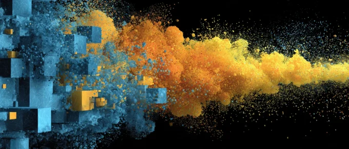Cubes dissolving into digital noise.