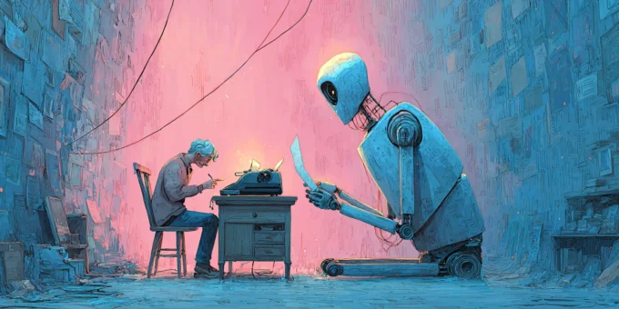 A male author using a typewriter, and an android proofreading an article on paper.