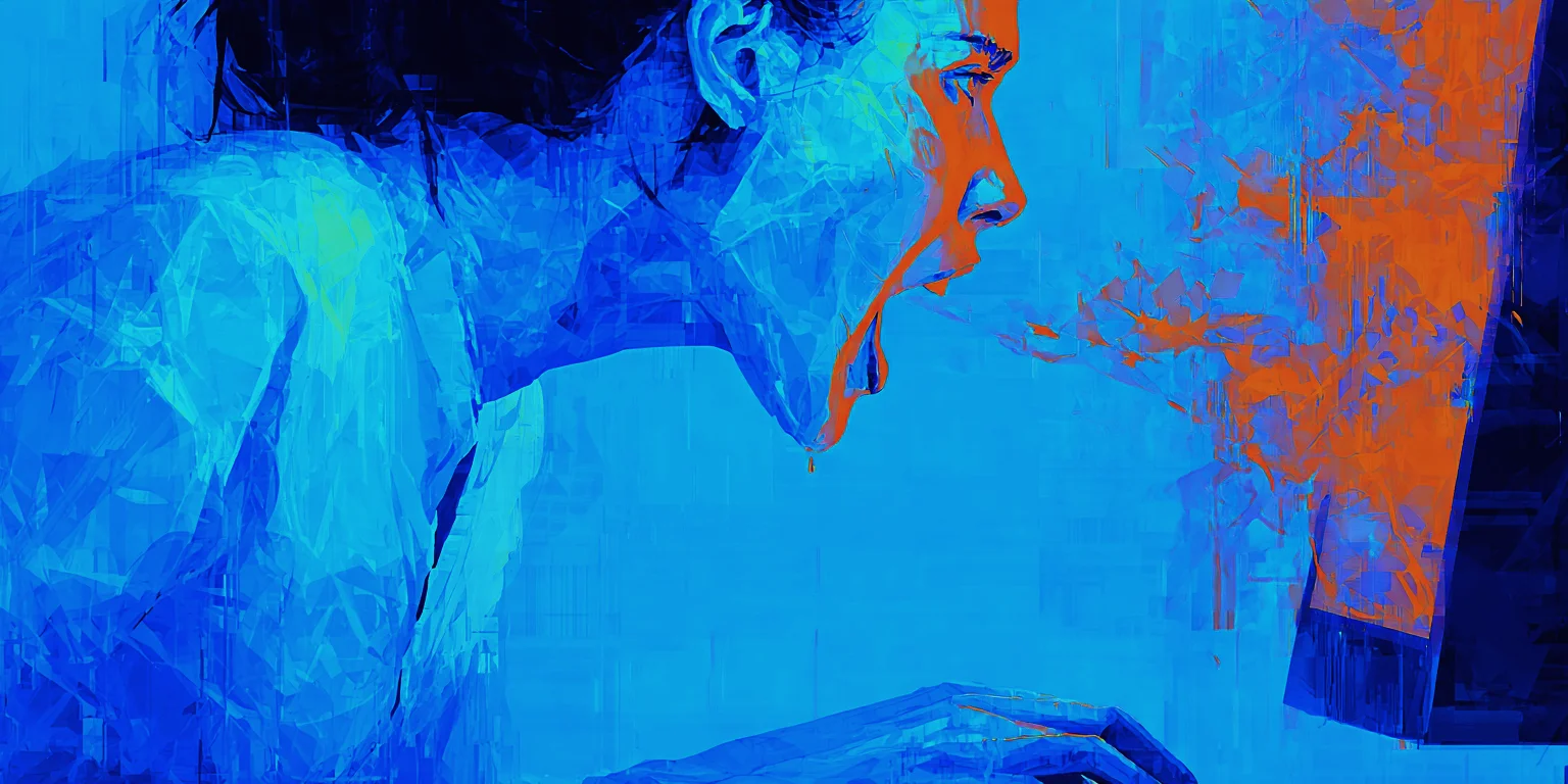 A woman shouting at her monitor, arguing with her AI chatbot.